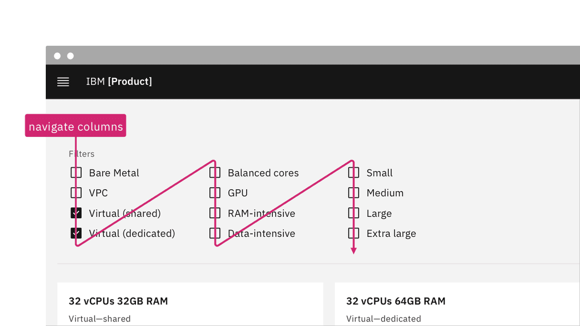 checkboxes with instruction to ‘navigate in columns'